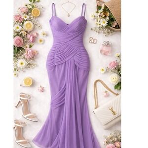 Glam Gurlz Womens Formal Gown 2 Lavender Ruched Mesh Maxi Fairycore Prom Dress